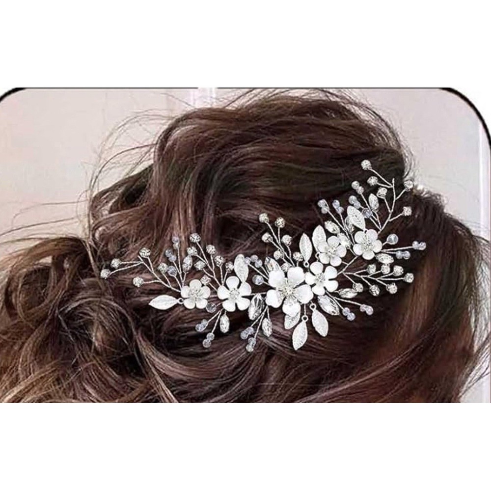 Flower Bride Wedding Hair Vine Leaf Rhinestone Bridal Hair Piece Silver Floral